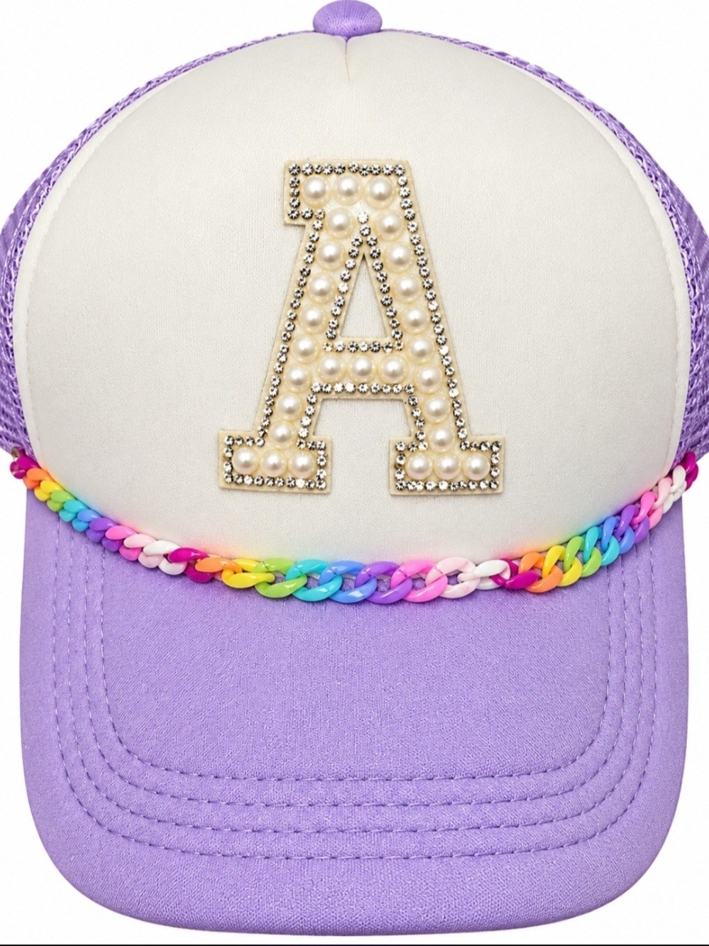 Source Unknown Lavender and White Kids Cap with Pearl 'A' Accent